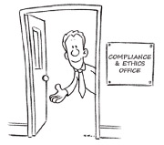 Open door with person inviting someone into the Compliance & Ethics office (hand drawing)